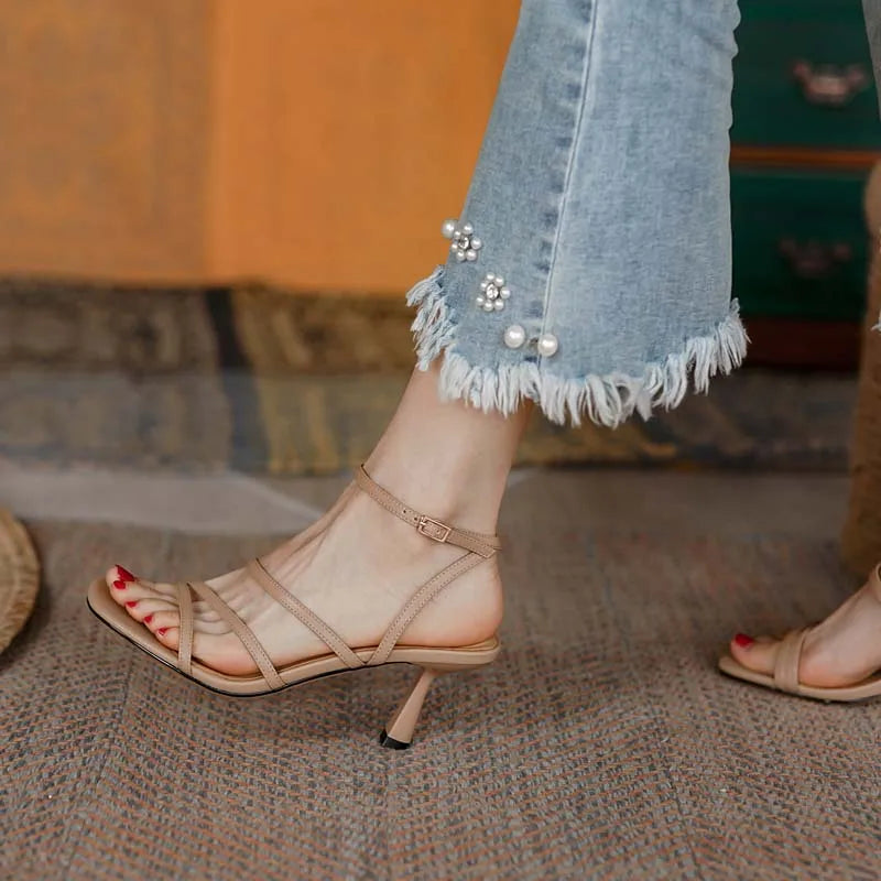 Sandales à Lanières de Rinçage pour Femme, Estivale, Sexy, ix, Parka Ouverte, Talons Hauts, Mode, Beige, Abricot, Un Mot, 2026