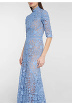 Robe en dentelle bleue mature légère, robe irrégulière, coupe haute et basse, longue, à la mode