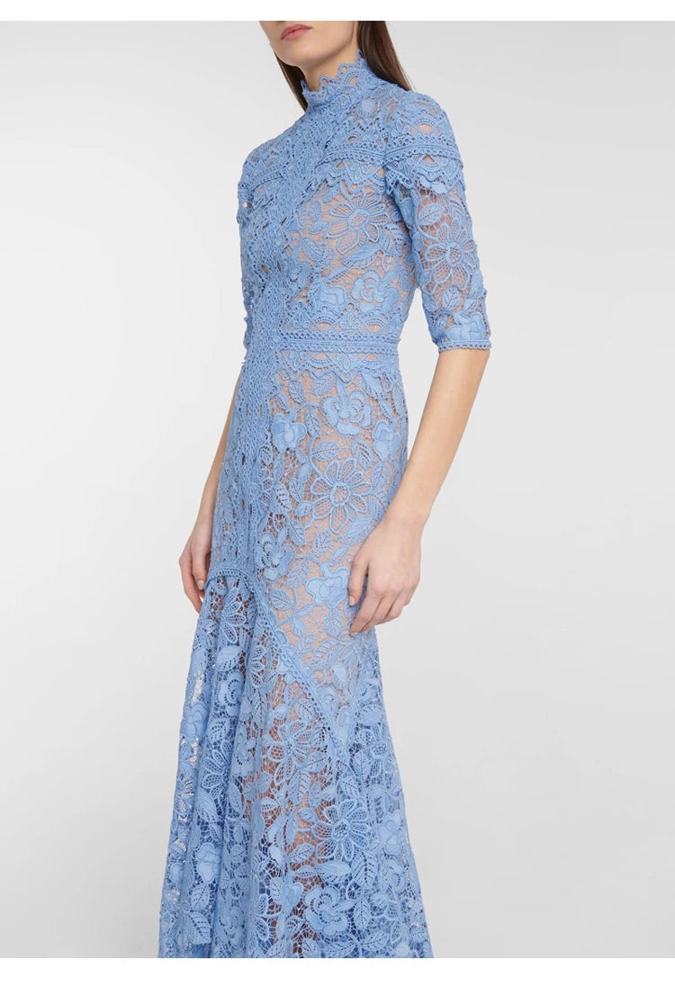 Robe en dentelle bleue mature légère, robe irrégulière, coupe haute et basse, longue, à la mode