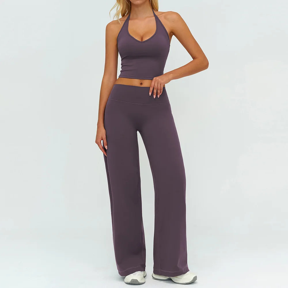 CIYING Women High Waisted Wide Leg Yoga Pants and Crop Top Set Custom Wide Leg Yoga Pants Vest Crop Top Casual Pants Set