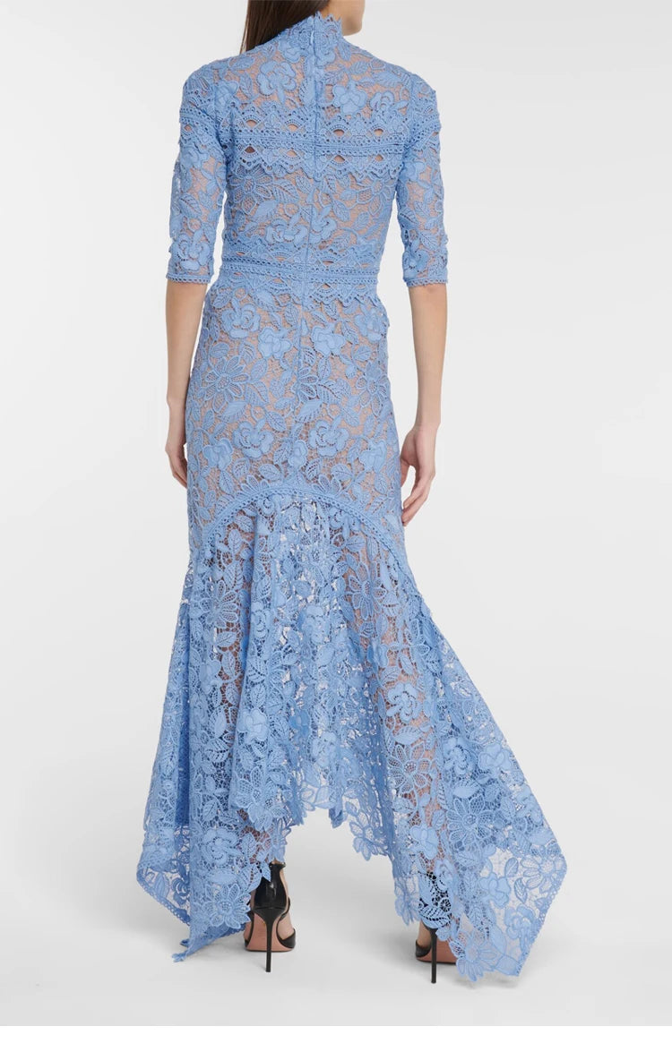 Robe en dentelle bleue mature légère, robe irrégulière, coupe haute et basse, longue, à la mode