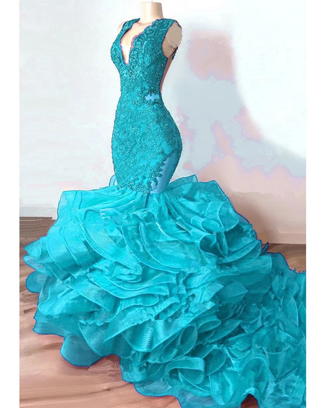 Robe de Soirée de Forme Sirène en Dentelle, Tenue Luxueuse, Bleu Royal, Perlée, à Volants Astronomiques Bouffants, Longue, de Bal, Sexy, pour Donura