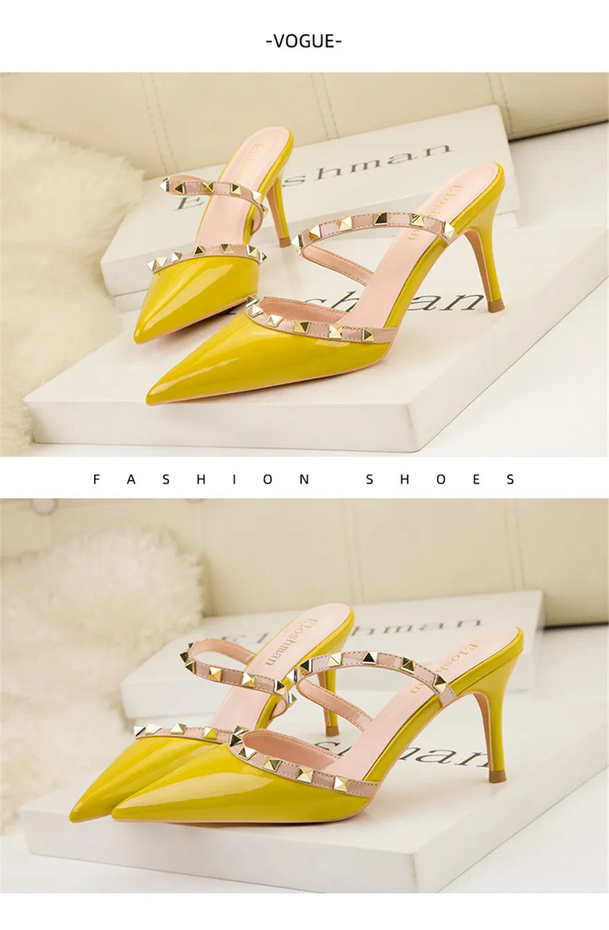 Mode Rivet sans lacet femmes pantoufles nouvel été bout pointu talons hauts chaussures fête en cuir verni creux Sexy femme sandale robe