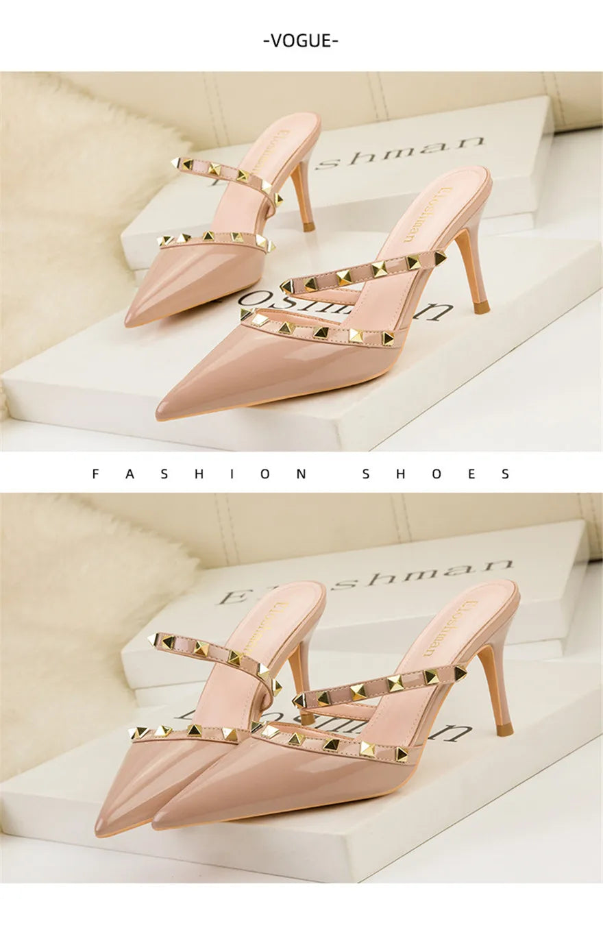 Mode Rivet sans lacet femmes pantoufles nouvel été bout pointu talons hauts chaussures fête en cuir verni creux Sexy femme sandale robe