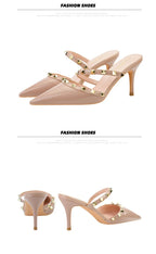 Mode Rivet sans lacet femmes pantoufles nouvel été bout pointu talons hauts chaussures fête en cuir verni creux Sexy femme sandale robe