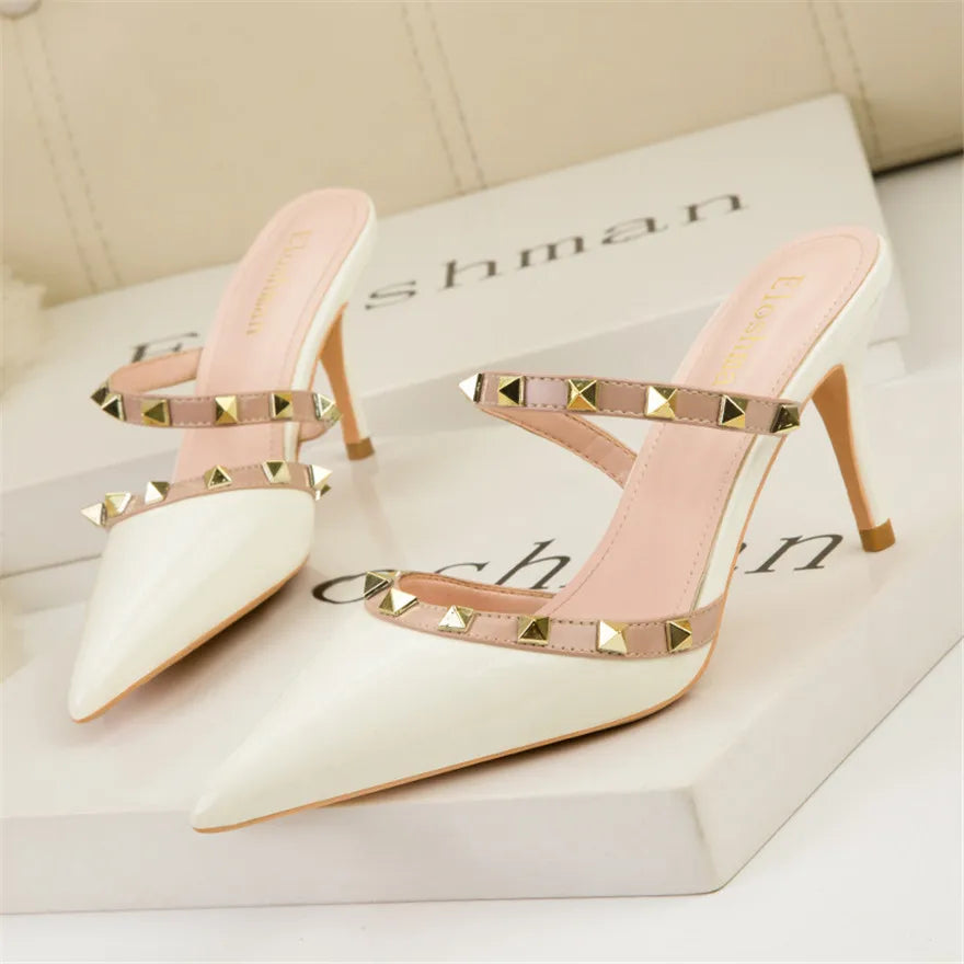 Mode Rivet sans lacet femmes pantoufles nouvel été bout pointu talons hauts chaussures fête en cuir verni creux Sexy femme sandale robe