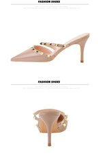 Mode Rivet sans lacet femmes pantoufles nouvel été bout pointu talons hauts chaussures fête en cuir verni creux Sexy femme sandale robe