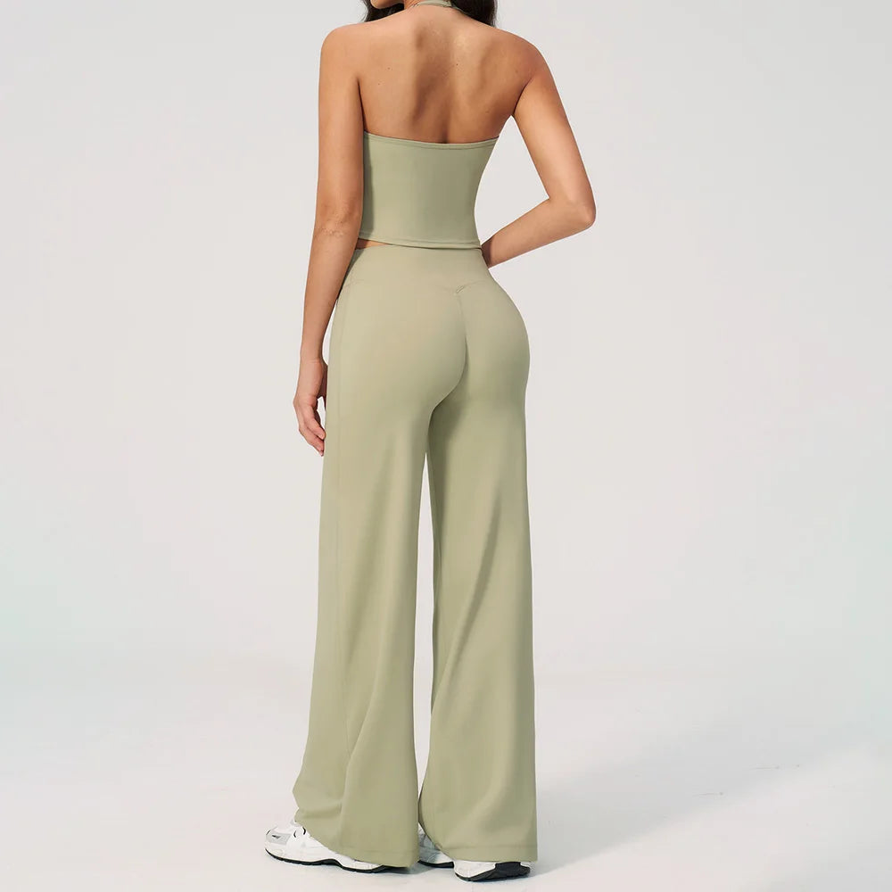 CIYING Women High Waisted Wide Leg Yoga Pants and Crop Top Set Custom Wide Leg Yoga Pants Vest Crop Top Casual Pants Set