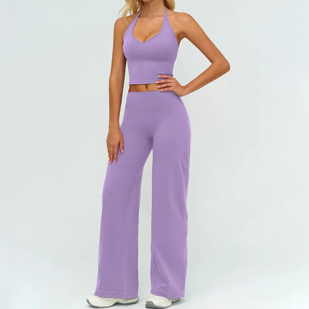 CIYING Women High Waisted Wide Leg Yoga Pants and Crop Top Set Custom Wide Leg Yoga Pants Vest Crop Top Casual Pants Set