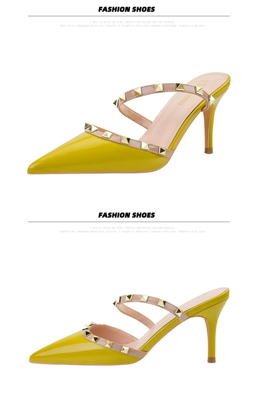 Mode Rivet sans lacet femmes pantoufles nouvel été bout pointu talons hauts chaussures fête en cuir verni creux Sexy femme sandale robe