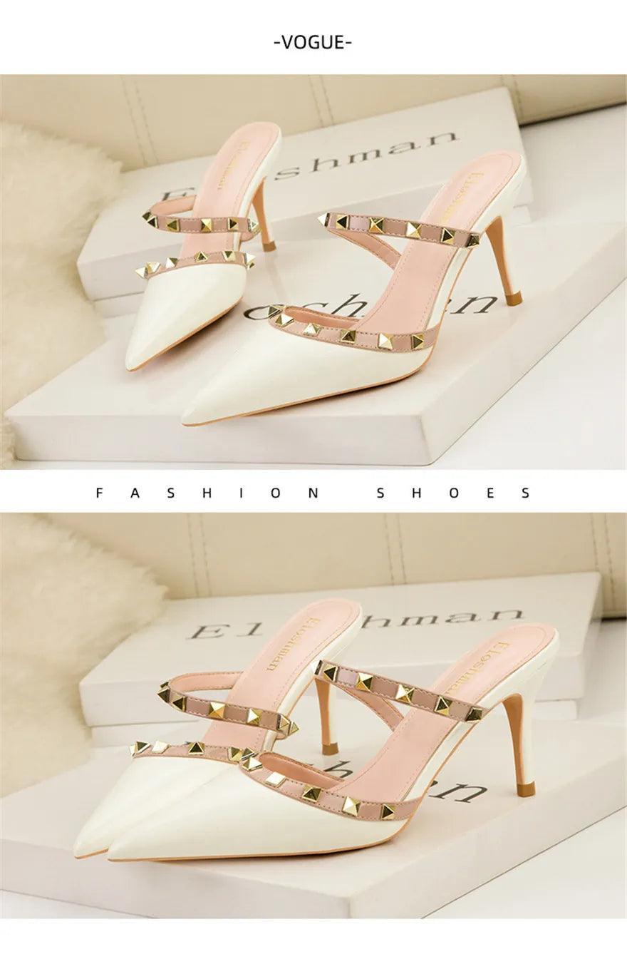 Mode Rivet sans lacet femmes pantoufles nouvel été bout pointu talons hauts chaussures fête en cuir verni creux Sexy femme sandale robe