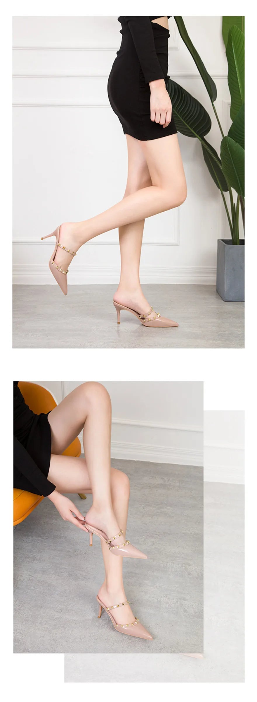 Mode Rivet sans lacet femmes pantoufles nouvel été bout pointu talons hauts chaussures fête en cuir verni creux Sexy femme sandale robe