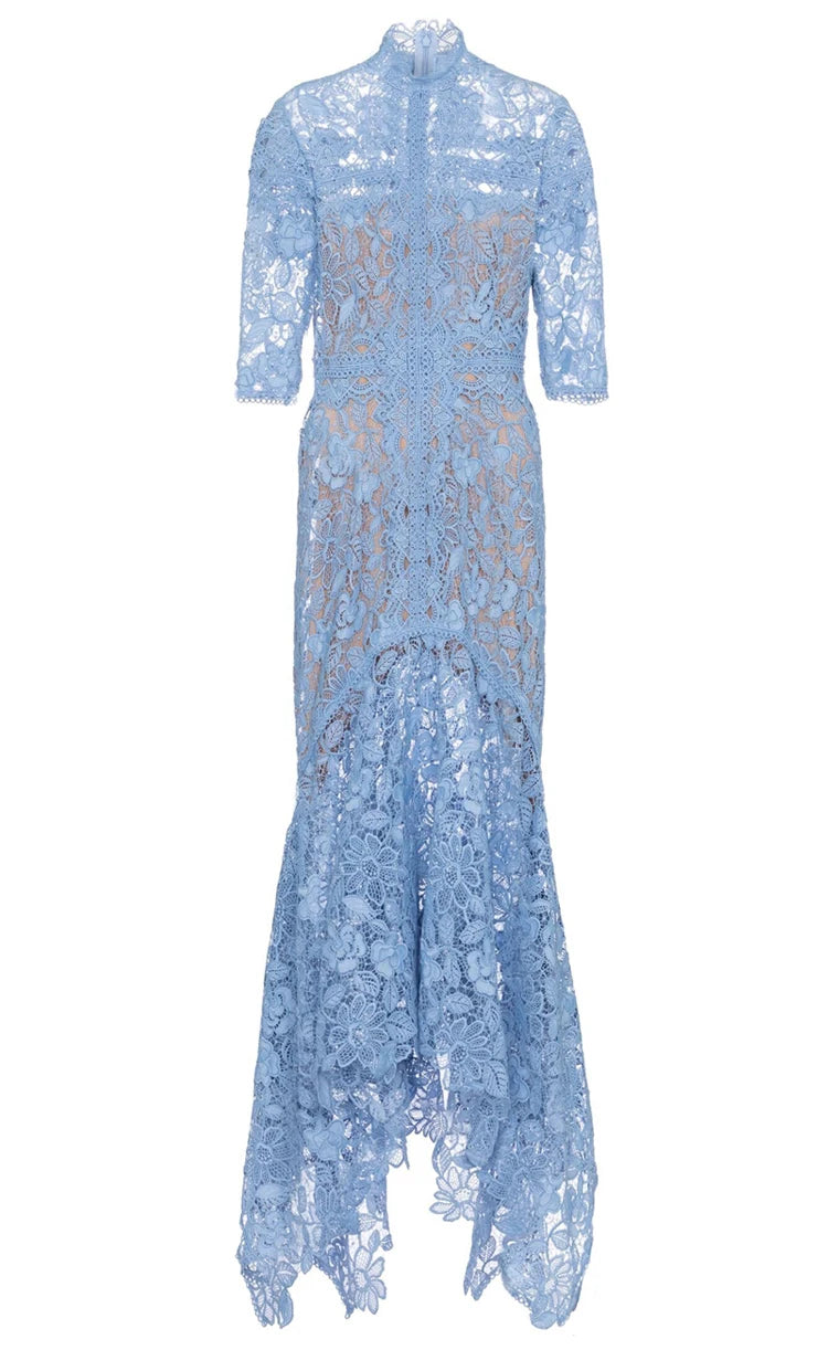 Robe en dentelle bleue mature légère, robe irrégulière, coupe haute et basse, longue, à la mode
