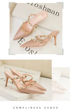 Mode Rivet sans lacet femmes pantoufles nouvel été bout pointu talons hauts chaussures fête en cuir verni creux Sexy femme sandale robe