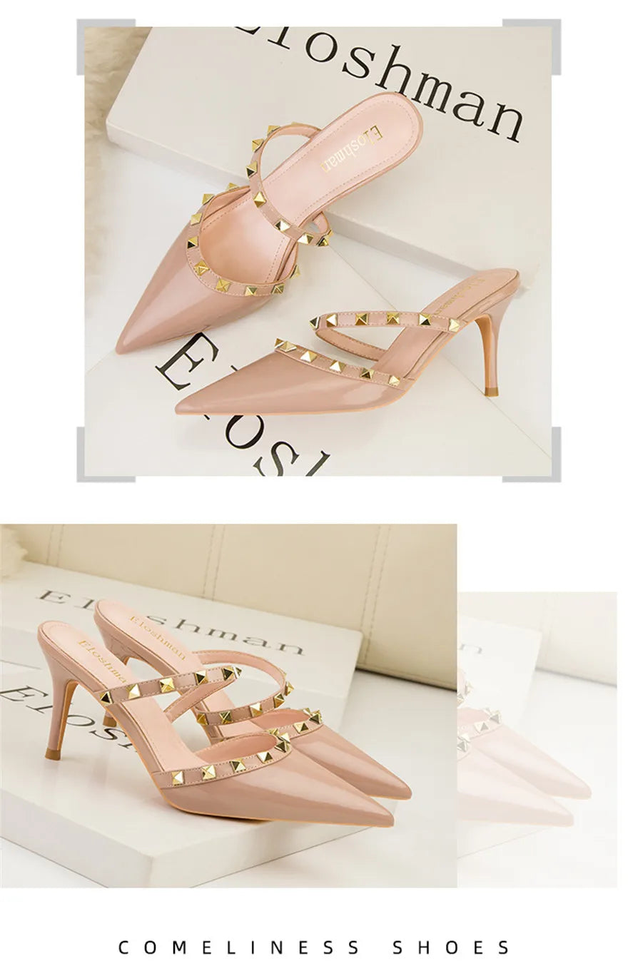 Mode Rivet sans lacet femmes pantoufles nouvel été bout pointu talons hauts chaussures fête en cuir verni creux Sexy femme sandale robe
