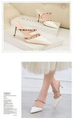 Mode Rivet sans lacet femmes pantoufles nouvel été bout pointu talons hauts chaussures fête en cuir verni creux Sexy femme sandale robe