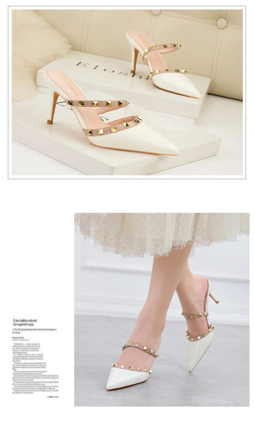 Mode Rivet sans lacet femmes pantoufles nouvel été bout pointu talons hauts chaussures fête en cuir verni creux Sexy femme sandale robe