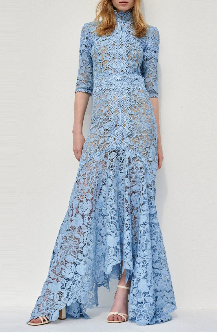 Robe en dentelle bleue mature légère, robe irrégulière, coupe haute et basse, longue, à la mode