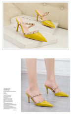 Mode Rivet sans lacet femmes pantoufles nouvel été bout pointu talons hauts chaussures fête en cuir verni creux Sexy femme sandale robe