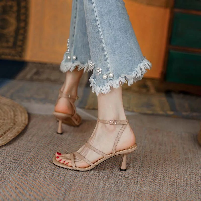 Sandales à Lanières de Rinçage pour Femme, Estivale, Sexy, ix, Parka Ouverte, Talons Hauts, Mode, Beige, Abricot, Un Mot, 2026