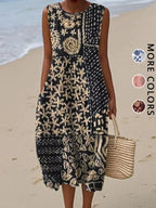 Robe midi décontractée bohème florale sans manches pour femme 2026 avec poches, coupe ample et fluide, style rustique campagnard