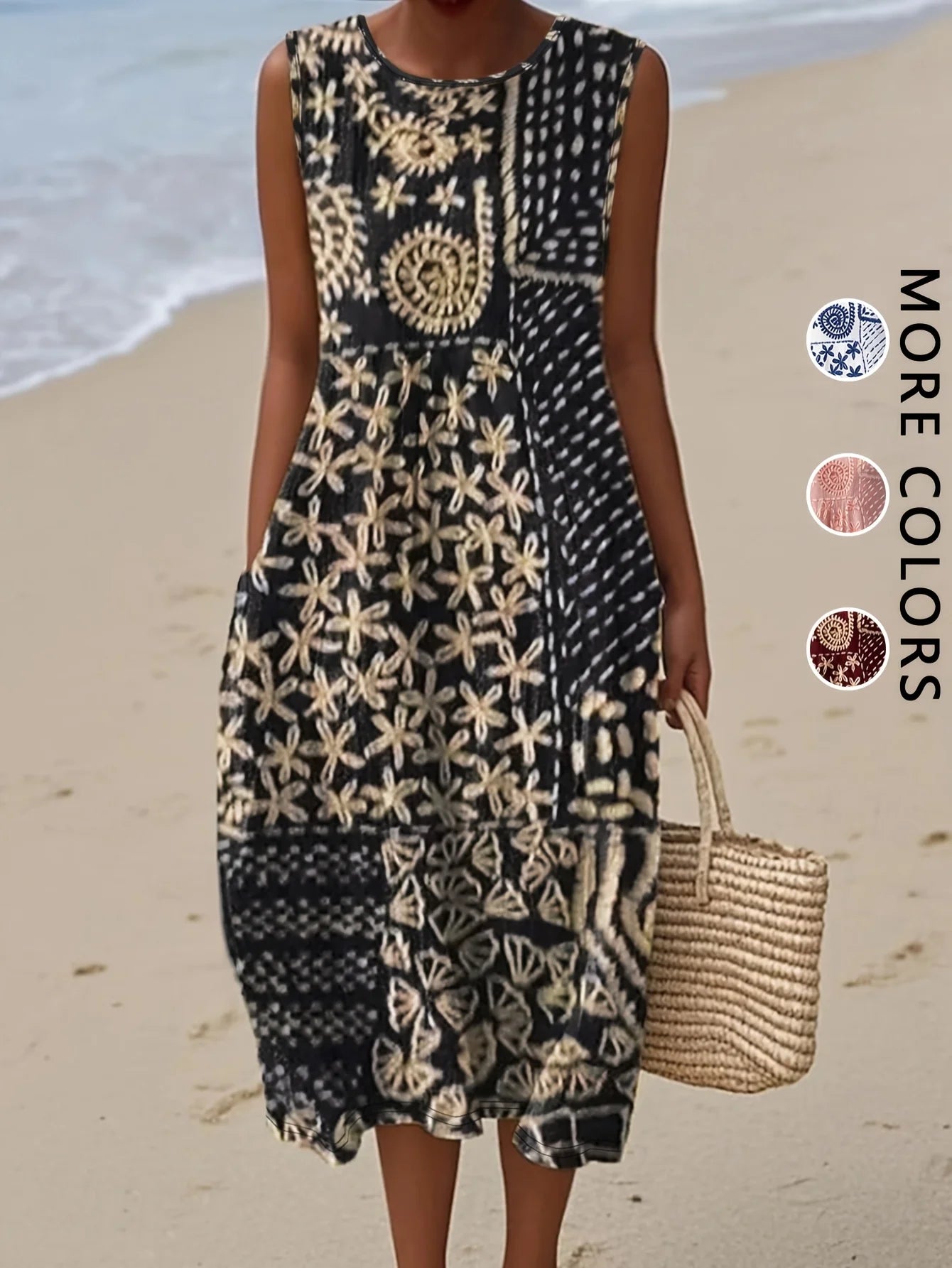 Robe midi décontractée bohème florale sans manches pour femme 2026 avec poches, coupe ample et fluide, style rustique campagnard