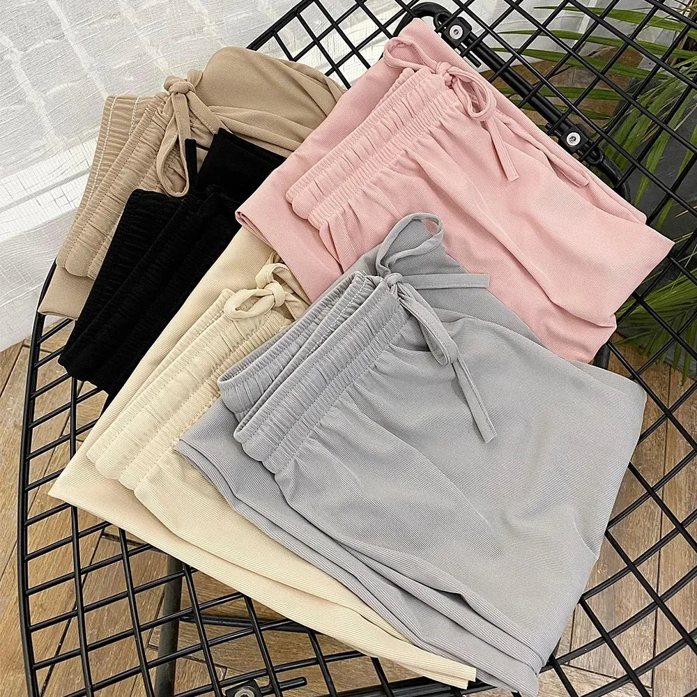 Pantalon large décontracté pour femme, longueur cheville, taille élastique, en soie glacée, couleur unie, printemps-été