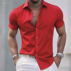 Chemise décontractée pour hommes de couleur unie, tissu extensible à manches courtes décontracté à la mode, chemise formelle d'affaires, tissu confortable