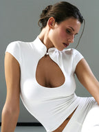 Ahagaga Fashion T-shirt d'été polyvalent pour femme, style club, avec découpe à la poitrine, manches courtes, effet taille cintrée, Y2k, sexy et décontracté