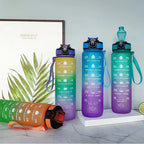 Bouteille d'eau de sport 1L avec paille, marqueur de temps, dégradé de couleur, bouteille de motivation, étanche, tasse d'eau potable pour étudiant en plein air