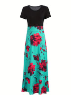 Robe à manches courtes pour femmes, style européen et américain, imprimé floral, couleur assortie, grande jupe trapèze, 2024