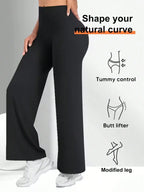 Pantalons de yoga pour femmes à taille haute et jambes larges, couleur unie, ceinture élastique, tissu confortable pour la remise en forme en plein air
