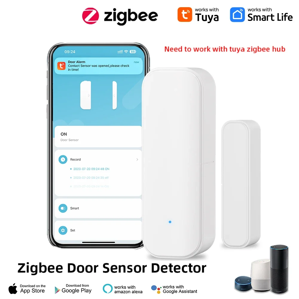 Capteur de porte et de fenêtre Tuya Zigbee, système d'alarme de sécurité pour maison intelligente, application, alarme à distance, commande vocale, noir/blanc