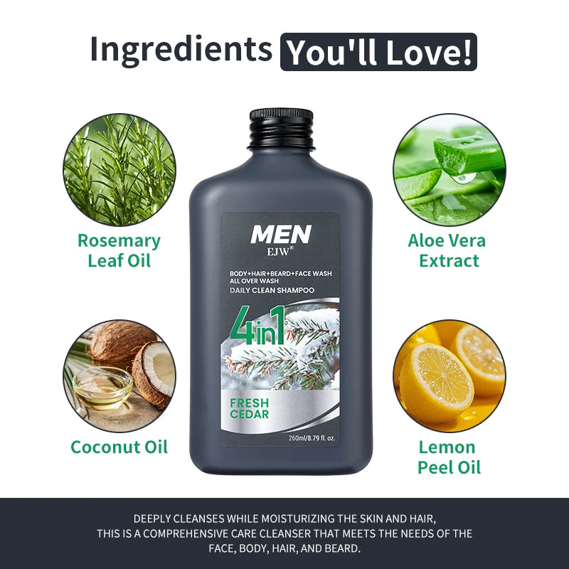 Nettoyant 4-en-1 pour le corps, les cheveux, la barbe et le visage pour hommes - Hydrate la peau, la barbe et les cheveux toute la journée, renforce les cheveux et la barbe, cadeau pour lui.