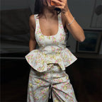 Ensemble pantalon long imprimé floral pour femme – Gilet élégant sans manches et dos nu avec pantalon large – Tenue chic pour les vacances d'été