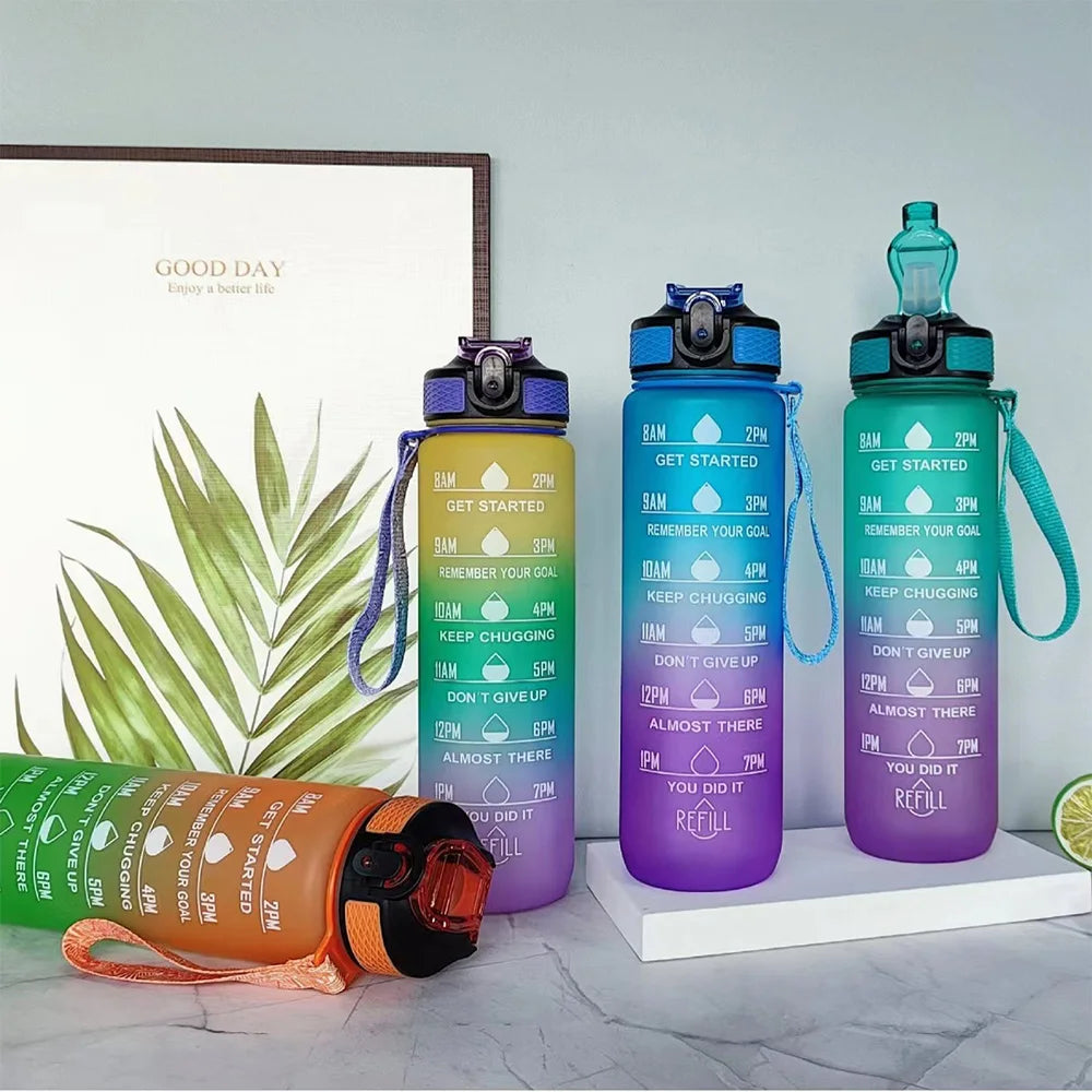 Bouteille d'eau de sport 1L avec paille, marqueur de temps, dégradé de couleur, bouteille de motivation, étanche, tasse d'eau potable pour étudiant en plein air