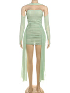Kliou – Mini robe en maille Simple pour femmes, mode, couleur unie, sans bretelles, rubans, pompon, façonnant le corps, gants à manches longues