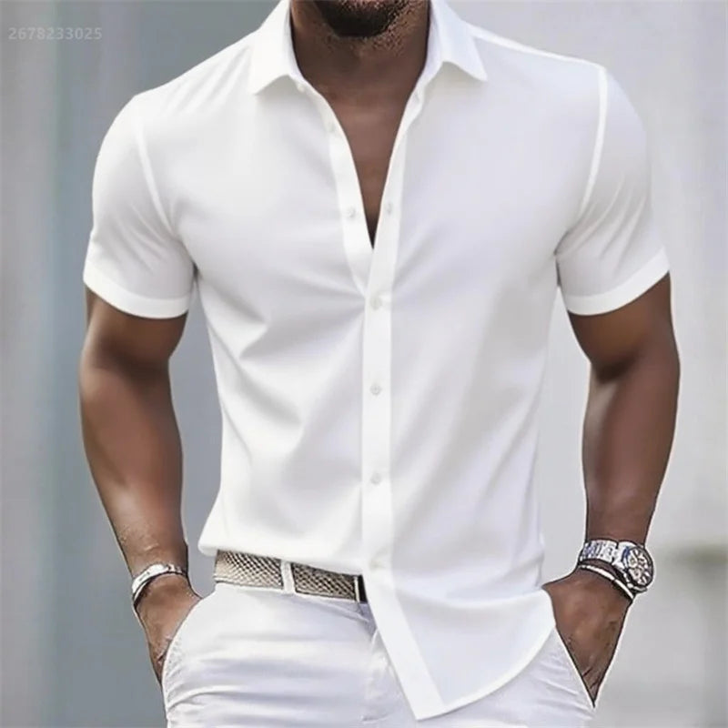 Chemise décontractée pour hommes de couleur unie, tissu extensible à manches courtes décontracté à la mode, chemise formelle d'affaires, tissu confortable