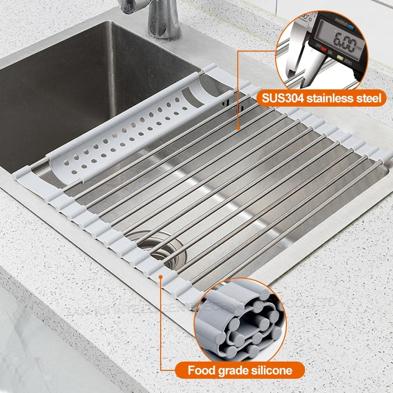 Égouttoir à vaisselle enroulable pour évier, égouttoir à vaisselle en acier inoxydable 304, organisateur de rangement pour assiettes, accessoires de cuisine