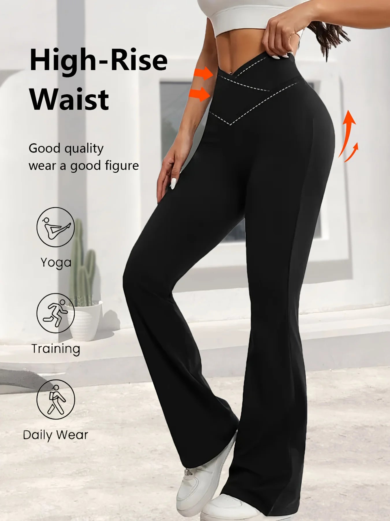 Leggings noirs de printemps taille haute, extensibles, coupe large, légèrement évasés, avec design de taille croisée, pour le sport décontracté, pantalon long