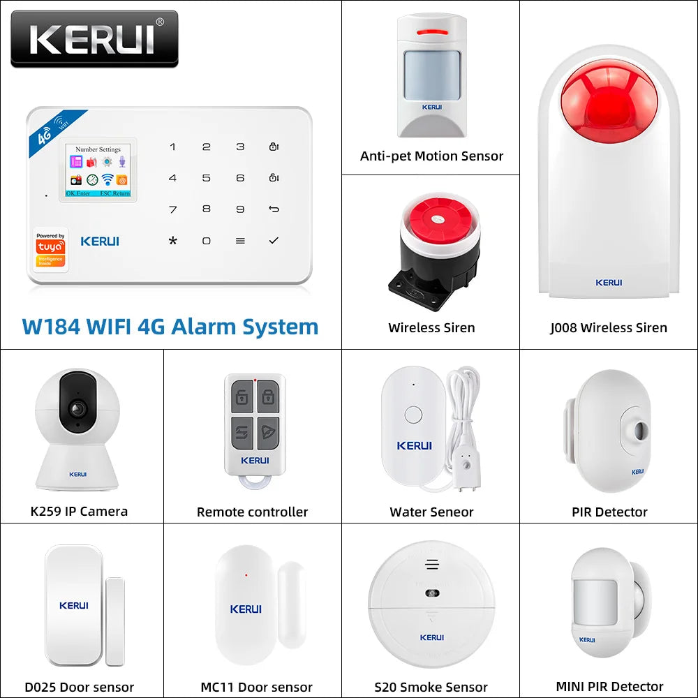 KERUI W184-Capteur de mouvement intelligent Tuya, 4G, WiFi, 101 unité de système d'alarme, sans fil, compatible Alexa, anti-cambriolage, contrôle à domicile