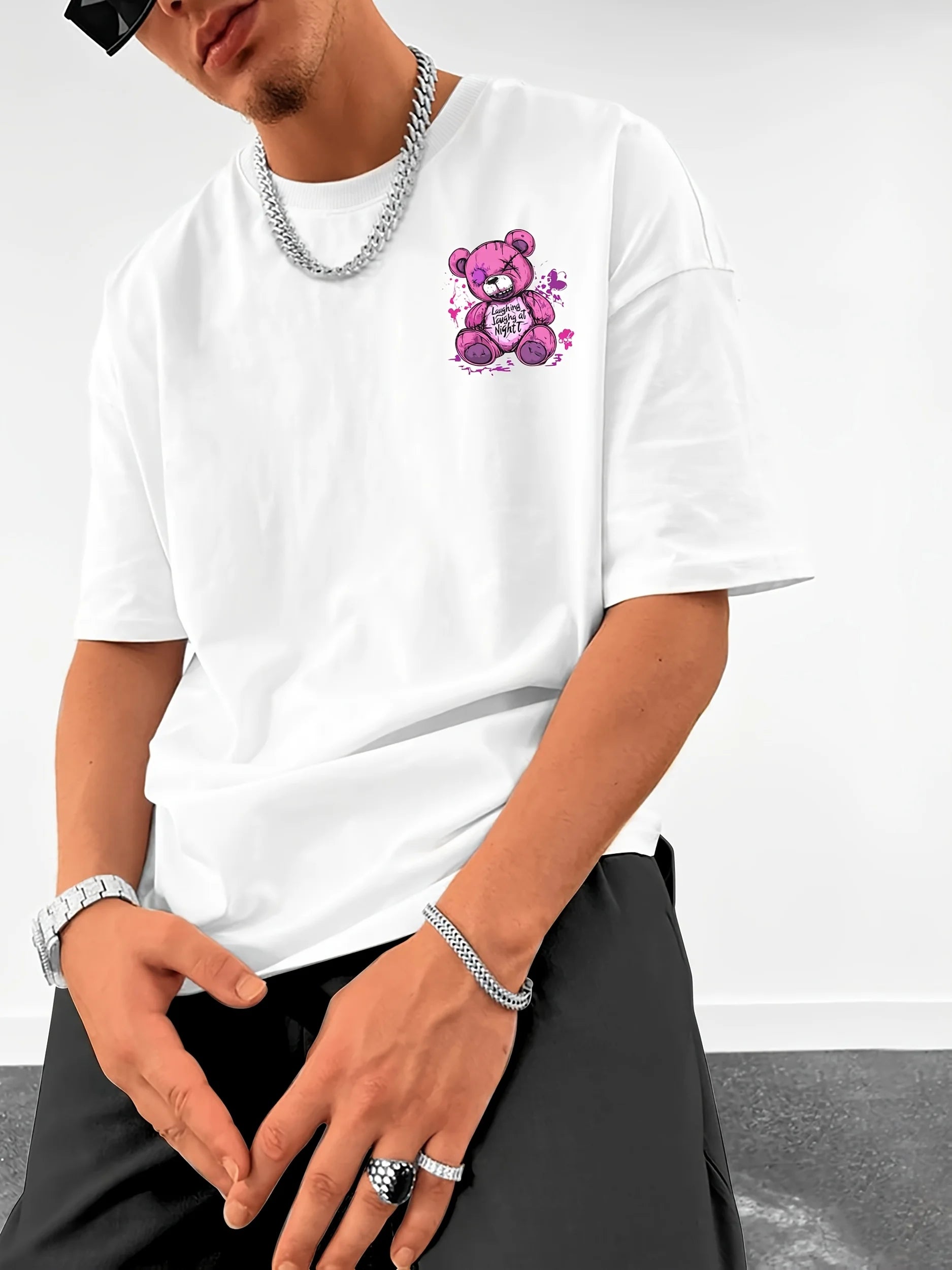 T-shirt col rond respirant et confortable pour hommes, style tendance, avec lettres d'ours en peluche imprimées, haut d'extérieur, nouvelle collection été