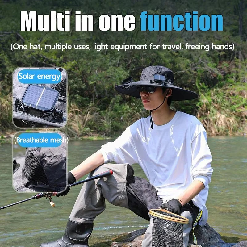 Chapeau solaire à double ventilateur à large bord, pour Camping en plein air, pêche, Anti-UV, pour hommes, escalade, Protection solaire, chapeau de pêcheur