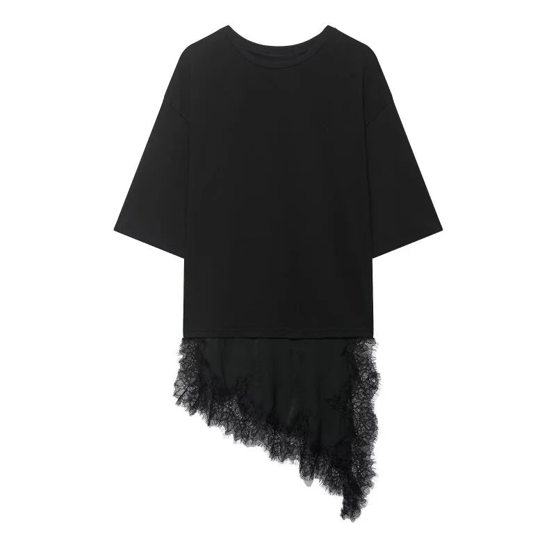 T-shirt asymétrique à manches mi-longues pour femmes, avec garniture en dentelle, pour la rentrée scolaire, tenue décontractée quotidienne, haut polyvalent à la mode, 4 couleurs