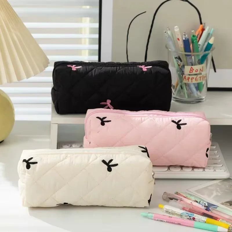 Trousse à crayons Simple à nœud papillon de couleur unie, boîte de rangement de papeterie de bureau Portable, sacs à crayons multifonctionnels pour étudiants 1 pièces