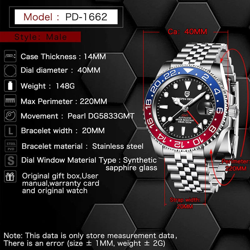 PAGANI uco PD-1662 Luxe Gstuff Hommes Mécanique Montre-Bracelet Verre Saphir Acier Inoxydable 100M Étanche Montres Automatiques