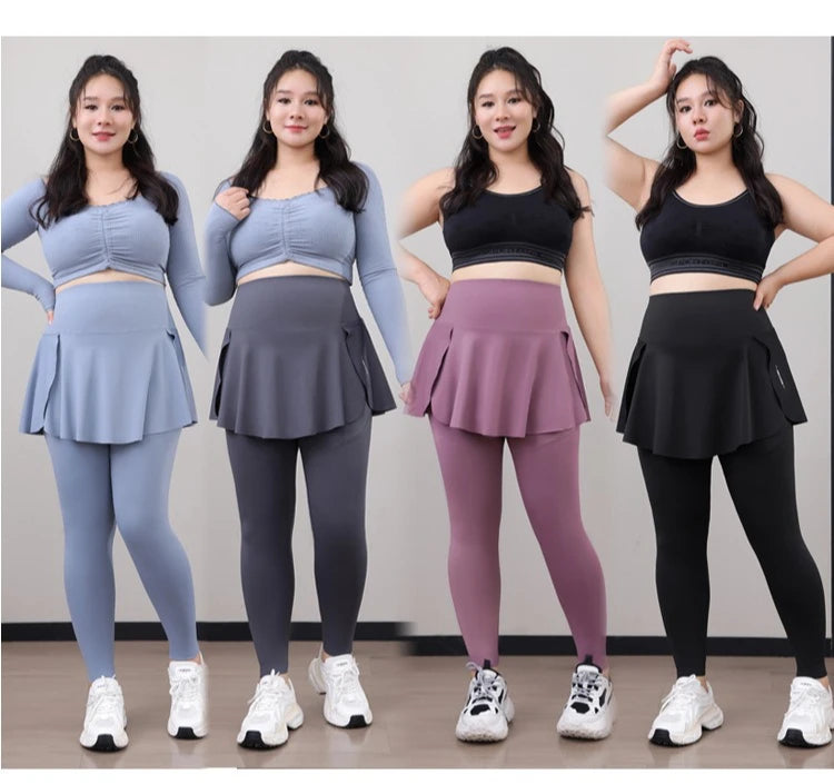 Leggings de Yoga faux deux articles, grande taille, 200lb, avec poches, jupe taille haute en peau de requin, pantalon d'entraînement, collants Slim