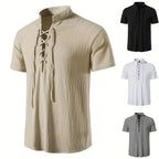 Chemise rétro à manches courtes pour hommes, en coton et lin, légère, respirante, couleur unie, hauts à la mode, col en v Pirate, chemises élégantes pour hommes
