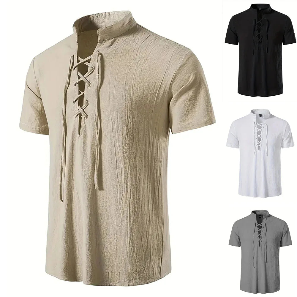 Chemise rétro à manches courtes pour hommes, en coton et lin, légère, respirante, couleur unie, hauts à la mode, col en v Pirate, chemises élégantes pour hommes