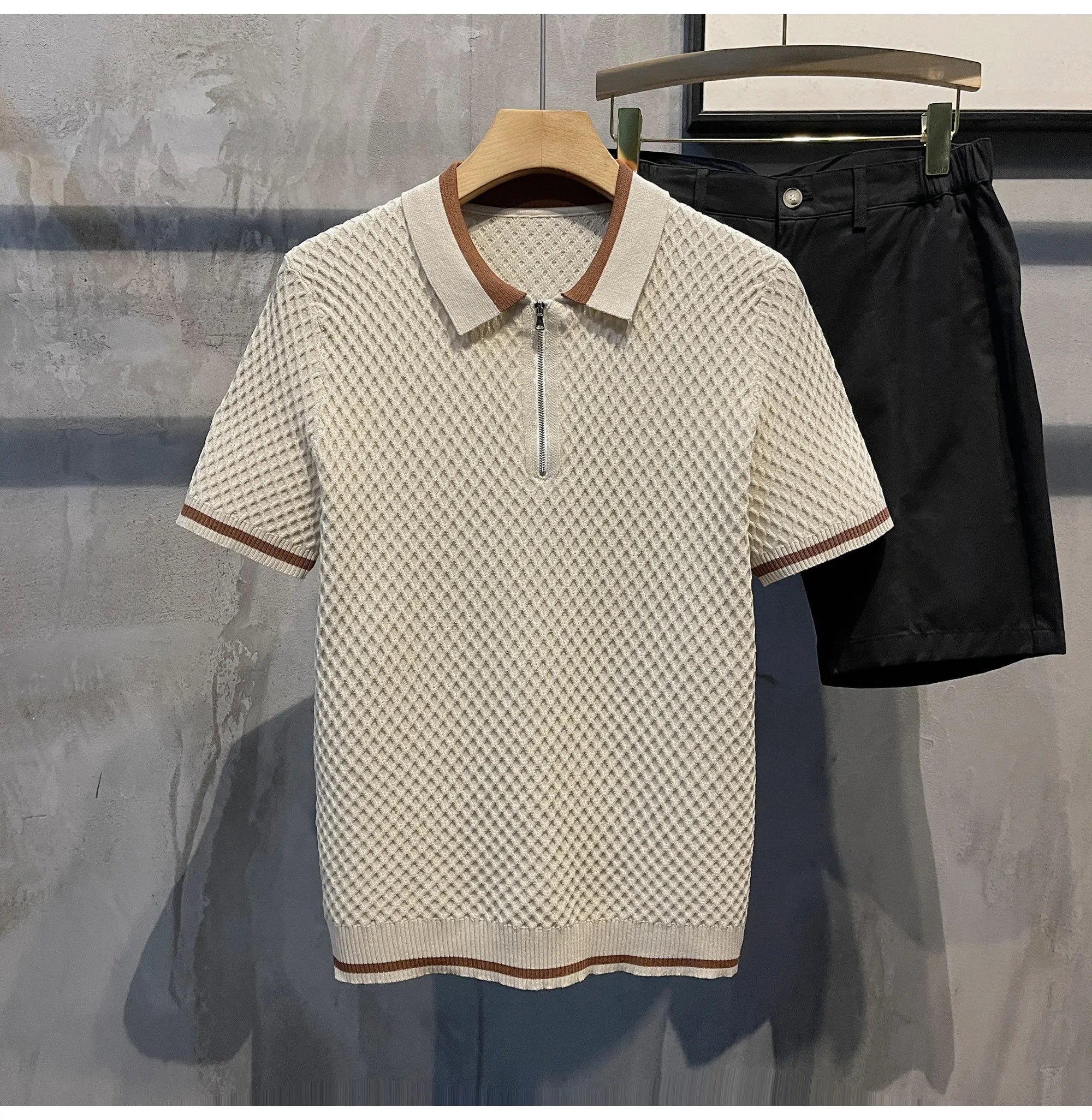 Polo en maille jacquard décontracté pour homme 2026, col en V, couleur unie, manches courtes, respirant, vêtement de luxe B24